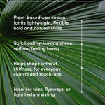 Carnauba wax benefits text overlay on a green leaf background