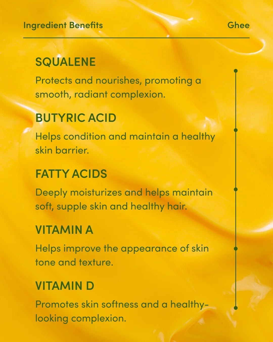 List of ghee benefits with text on a yellow background