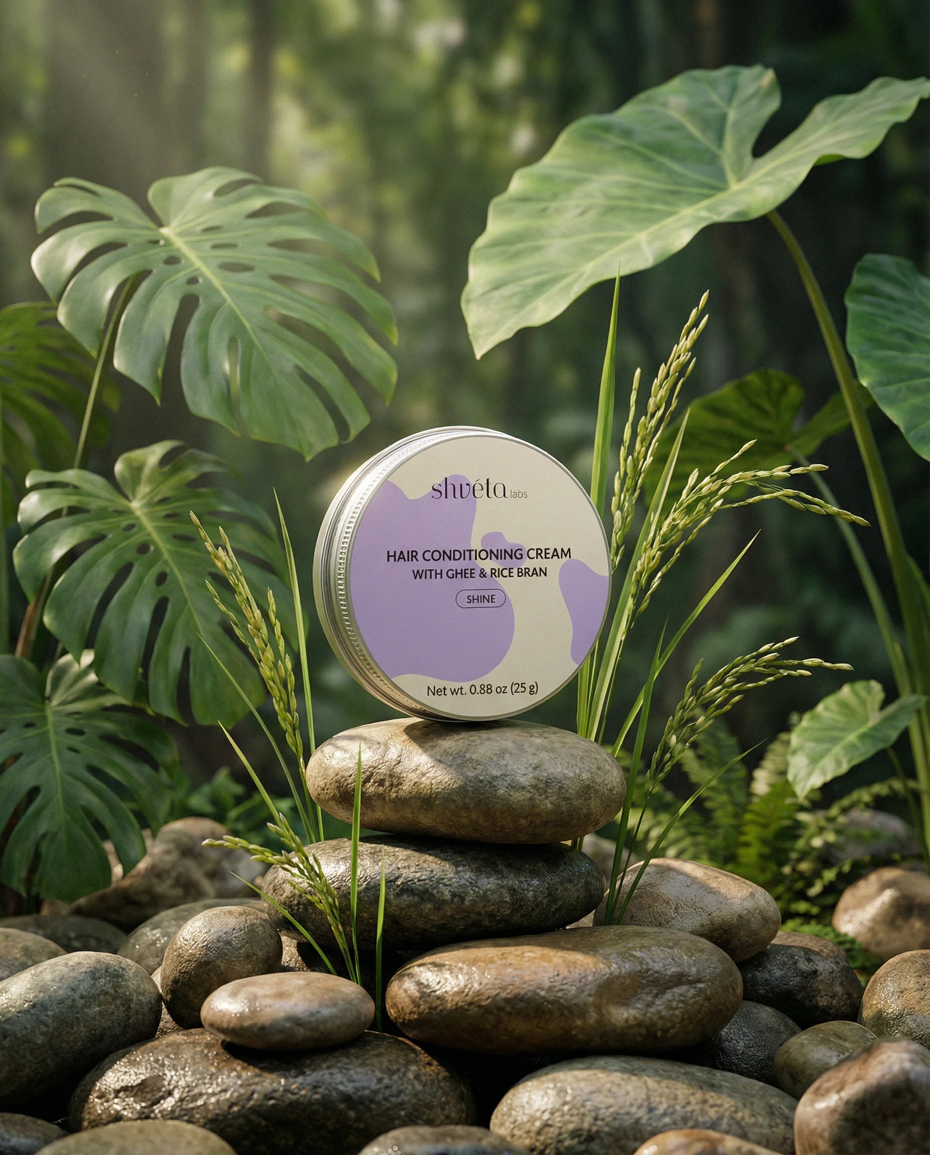 Shveta hair conditioning cream on stones with green foliage in the background
