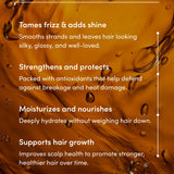 Argan oil with text detailing its benefits on a brown background