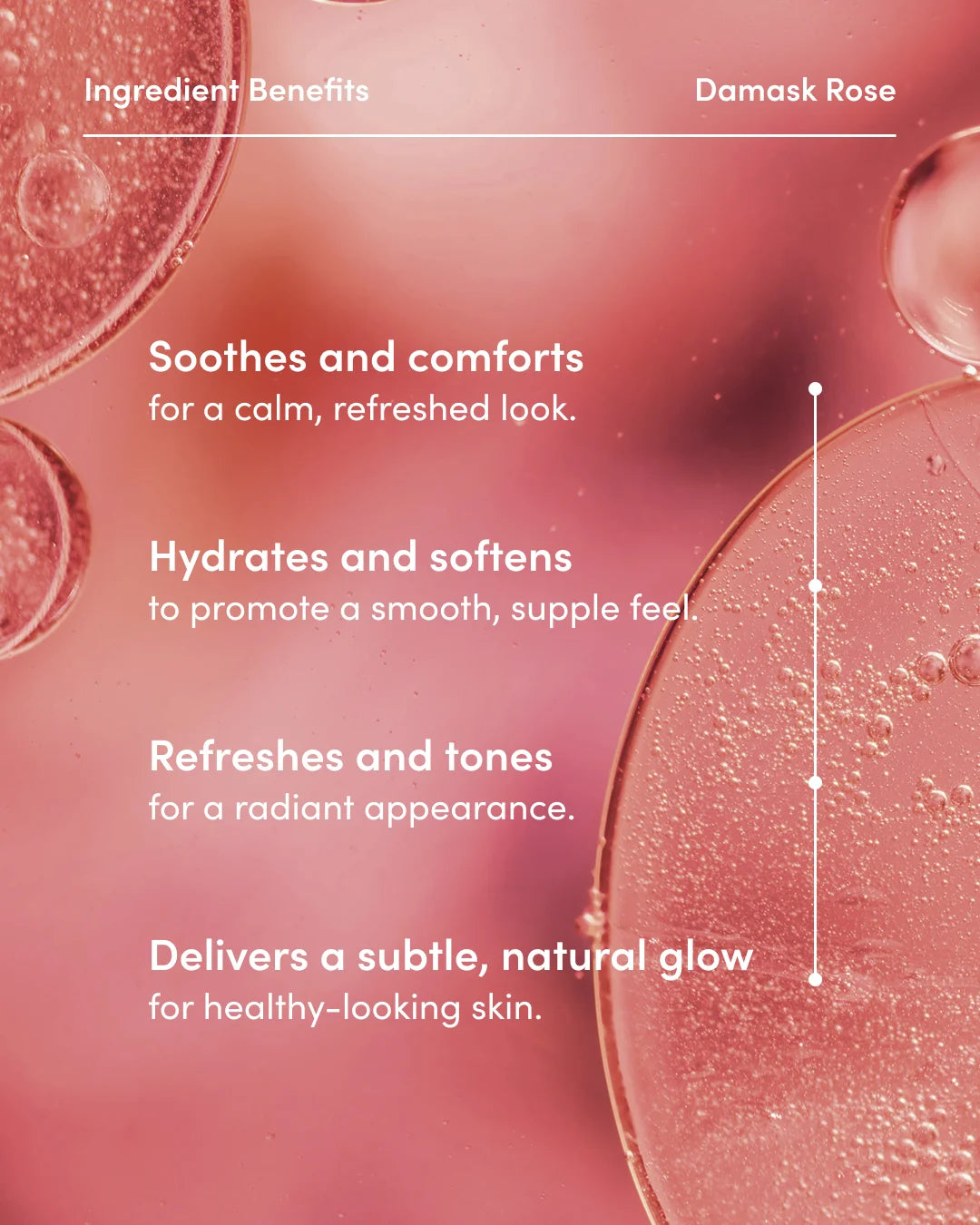 Product packaging with Damask Rose benefits on a pink background