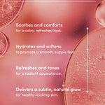 Product packaging with Damask Rose benefits on a pink background